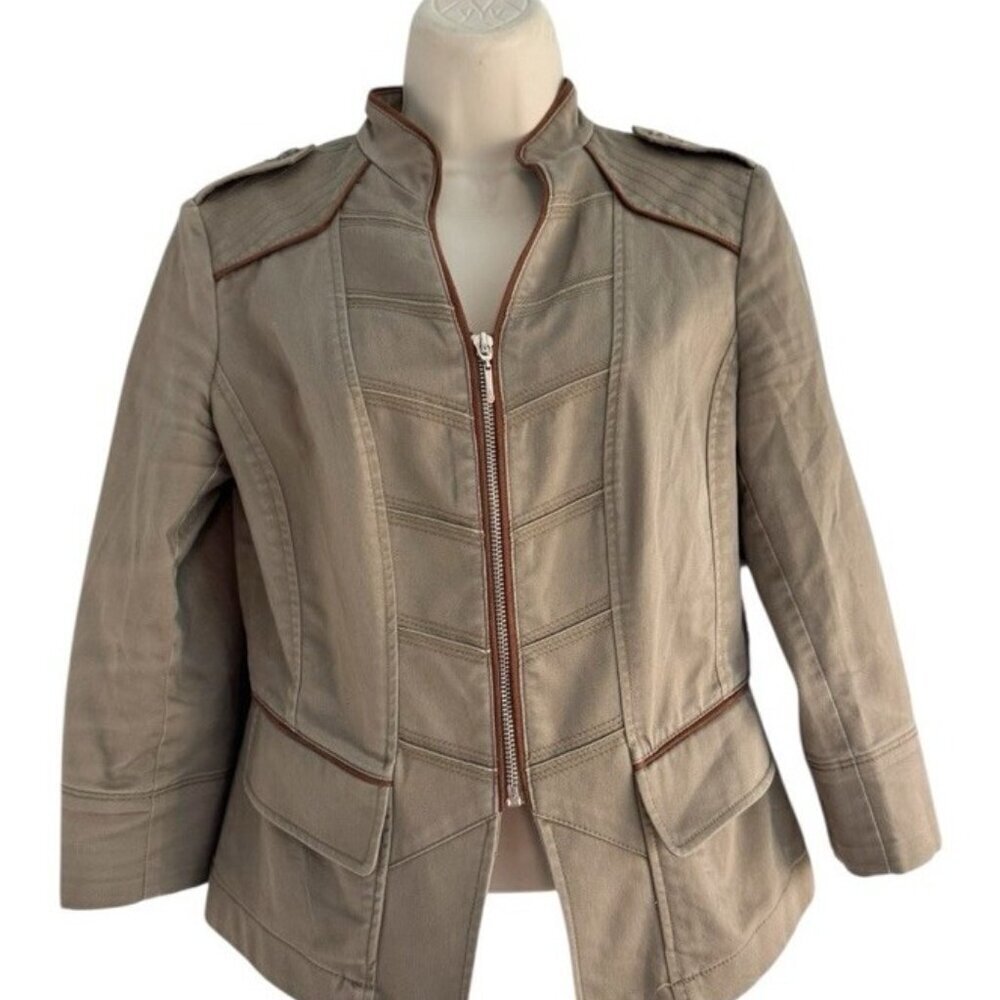 White House Black Market Women's 2 Brown Military Crop Jacket Zip Up 3/4 Sleeves